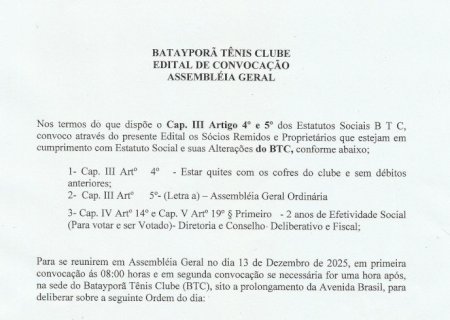 BATAYPORÃ TÊNIS CLUBE - EDITAL DE CONVOCAÇÃO DE ASSEMBLEIA GERAL